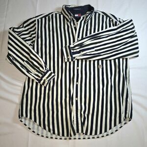 Vtg Tommy Hilfiger Shirt Mens L Green Blue White Stripe Corduroy Crest Logo